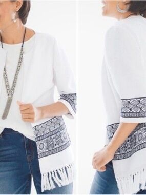 Chico's White Tunic Cardigan with Navy Aztec Geometric Trim and Fringe NWT Sz 3
